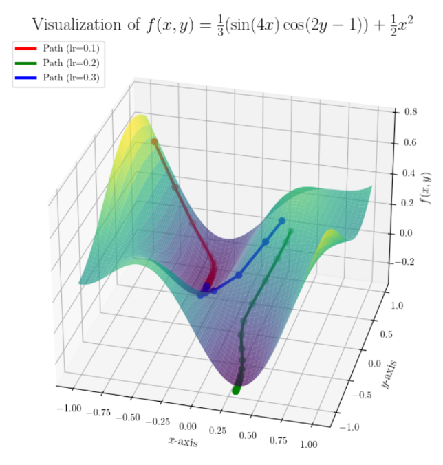 Gradient descent paths across an optimisation surface